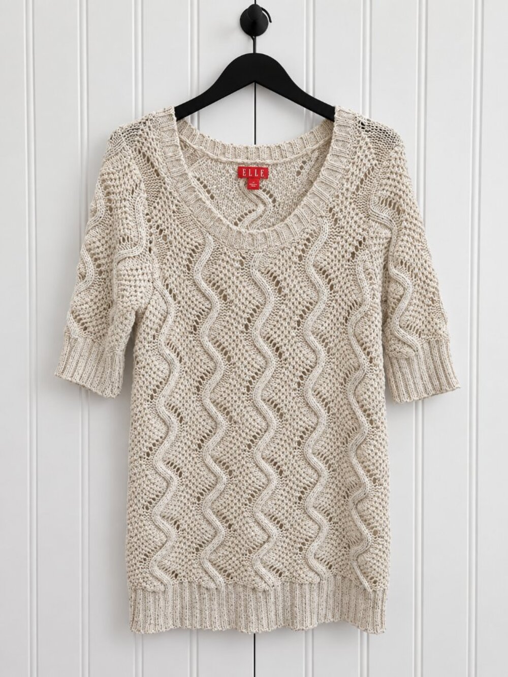 ELLE Cream Open-Knit Cable Sweater with Metallic Thread Size Large